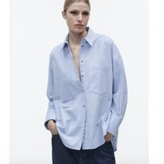 Nwt Zara Oxford Shirt Light Blue Cheap Oversized Zara Shirt, Oversized Light Blue Shirt For Work, Oversized Blue Shirt For The Office, Oversized Blue Shirt For Work, Oversized Blue Blouse For Work, Light Blue Button-up Top For Office, Light Blue Button-up Office Tops, Blue Relaxed Fit Shirt For Work, Oversized Blue Collared Blouse