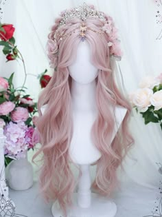 Get the perfect kawaii look with our pink synthetic wig! This long, wavy wig features trendy curtain bangs, adding a touch of cuteness to your style. Whether you're dressing up for a special occasion or just want to switch up your everyday look, this wig is a must-have.  Please note that this product includes only the wig, other accessories are not included.  Garment Size   	 		 			Size 			Free Size 		 		 			Hair Length 			70-75 Light Pink Hair Styles, Ethereal Hair Styles, Long Wigs With Bangs, Pretty Hair Accessories, Hair Styles Side Bangs, Pastel Pink Hair Aesthetic, Layered Long Bangs, Cute Pink Hairstyles, Pink Curtain Bangs