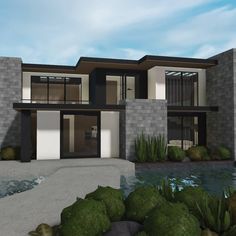 an artist's rendering of a modern house with water and rocks in the foreground