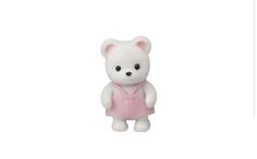 a small white teddy bear wearing a pink dress