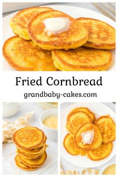 fried cornbread pancakes with butter on top and the words, fried cornbreads