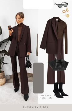 Double Breasted Jacket Outfit Women, Brown Suit Women Outfits, Brown Suit Women's, Works Outfits, Ootd Moodboard, Ceo Style, Corporate Attire Women, Jacket Outfit Women, Fashion Capsule Wardrobe