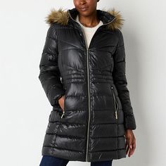 Brave the cold in style with this Gallery women's heavyweight puffer jacket made from a woven fabric for a classic-fit. It has a removable hood with a chic faux fur trim, a front-zip closure, front zip pockets, and a mid-length for added warmth. Wear it over jeans and sweater with a beanie and scarf. Features: Removable HoodClosure Type: Snap & ZipperFit: Classic FitPockets: 2 Front Zip PocketsSleeve Length: Long SleeveWarmth Factor: HeavyweightApparel Length: 35 Inches - BackOuterwear Length: M Hooded Puffer Jacket With Faux Fur Lining For Winter, Women’s Black Puffer Coat, Jeans And Sweater, Luxury Double-lined Hood Puffer Jacket For Cold Weather, Nylon Puffer Jacket With Double-lined Hood For Cold Weather, Puffer Jacket Women, Long-sleeve Nylon Puffer Jacket With Double-lined Hood, Fur Trim, Puffer Jacket