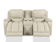 the reclining loveseat is shown with two seats on each side and one arm facing