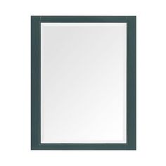 a bathroom mirror with a dark green frame and white wall paper on the bottom half