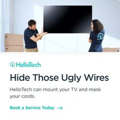 a man and woman standing in front of a large screen with the words hide those ugly wires