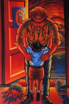 a painting of a man holding a child in his arms while standing next to an open door