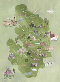 an illustrated map of the peak district in england, with buildings and people on it