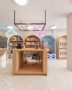 the inside of a toy store with lots of shelves and toys on display in it