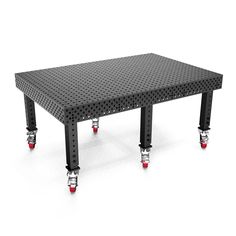 a black table with red wheels on it