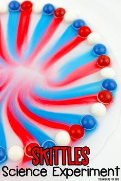 a red, white and blue candy cane with the words skittles science experiment