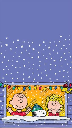 a charlie brown christmas card with two people on the window sill and snow falling down