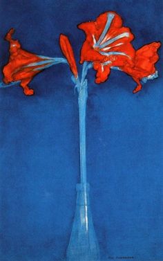 a painting of two red flowers in a blue vase on a dark blue tablecloth