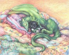 a drawing of a cat sleeping on top of a bed covered in blankets and pillows