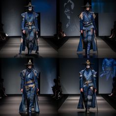 several images of men's fashion on the catwalk at an event, including one man in a blue costume