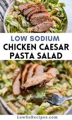 chicken caesar pasta salad with lettuce and meat on it in a white bowl