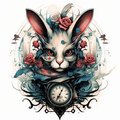 a rabbit with roses on it's head and a clock in the foreground