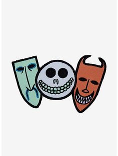 three different colored patches with faces on them, one has a skull and the other has a demon