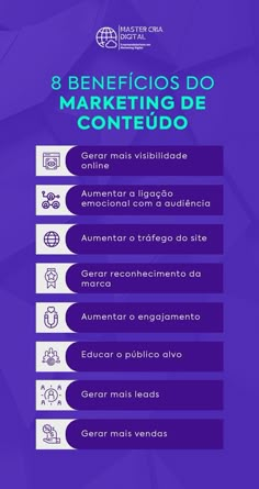 a purple poster with the words 8 benefios do marketing de conteudo