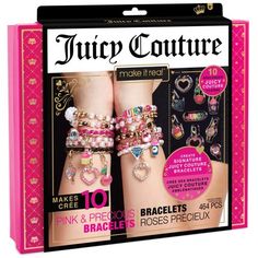 Create & design your own Juicy Couture bracelet with this DIY bead kit. Mix & match the bright and trendy Juicy Couture charms and colorful beads to make friendship bracelets or fun fashion accessories! Making stylish Juicy Couture bracelets is simple with this DIY girls jewelry making kit! It has everything girls will need to make up to 8 pink and precious bracelets, including cute Juicy Couture charms, vibrant beads & satin cord. Creating their own beautiful jewelry helps young girls develop f Bracelets Kit, Juicy Couture Bracelet, Diy Jewelry Kit, Bracelet Kit, Couture Looks, Jewelry Making Kits, Juicy Couture Charms, Chic Bracelet, Diy Charm Bracelet