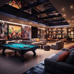 a pool table in the middle of a living room