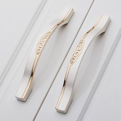 two handles on a white door with gold trim