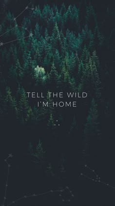 the words tell the wild i'm home are surrounded by trees