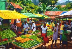 a painting of people shopping at an outdoor market with fruits and vegetables for sale in the foreground