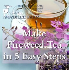 make fireweed tea in 5 easy steps with purple flowers on the side and text overlay that reads, make fireweed tea in 5 easy steps