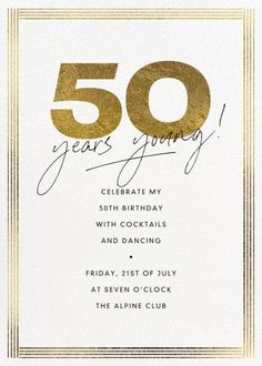 a 50th birthday party card with gold foil on it