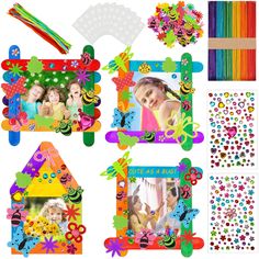 colorful photo frames and stickers with flowers, butterflies, hearts, and other decorations