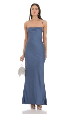 Satin Open Back Maxi Dress in Blue | LUCY IN THE SKY Blue Backless Slip Dress With Tie Back, Blue Tie Back Slip Dress For Night Out, Elegant Blue Tie Back Slip Dress, Elegant Blue Slip Dress With Adjustable Straps, Elegant Blue Slip Dress With Tie Back, Party Satin Slip Dress With Tie Straps, Evening Slip Dress With Square Neck And Tie Back, Strappy Satin Slip Dress For Spring, Satin Slip Dress With Adjustable Straps For Prom