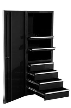 an open black cabinet with drawers on the bottom