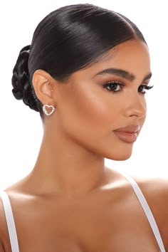 Available In Gold/Clear Latch Opening Earrings Front And Back Heart Detail Rhinestone Detail Final Sale Imported | Hearts For Days Earrings in Gold/Clear by Fashion Nova Penteado Cabelo Curto, Earrings In Gold, Wedding Hair And Makeup, Makeup Essentials, Hair Updos, Hair Looks, Bridal Makeup, Wedding Makeup