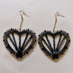 Custom Commission Earrings. Purple Is A Dark Faded Grape Purple. Worn Once Over A Year Ago. Includes Dyed Porcupine Quills In The Center. Made By An Indigenous Beadwork Artist. Indigenous Beadwork, Porcupine Quills, Earrings Purple, Ear Rings, Heart Earrings, Beaded Earrings, Bead Work, Native American, Jewelry Earrings