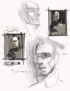 sketches of people's heads and faces in various stages of drawing, with one man looking at the camera