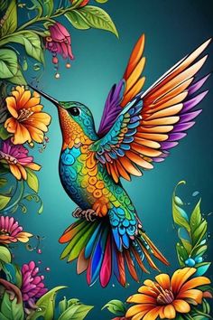 a painting of a colorful hummingbird with flowers on it's back and wings