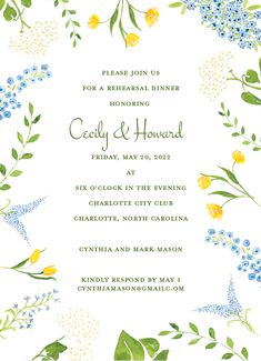 a wedding card with blue and yellow flowers