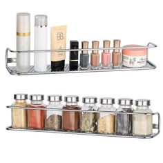 two metal shelves holding various types of cosmetics