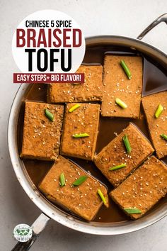 tofu in a pan with sesame seeds on top and the words, chinese 5 spice raised tofu easy steps - big flavor