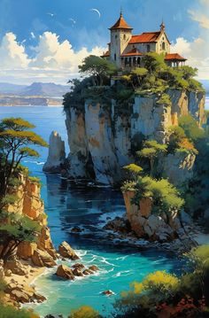 a painting of a house on top of a cliff