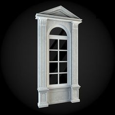 an architectural rendering of a window with columns and arches on the side, against a black background