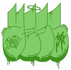 three green bags with graffiti on them are lined up against each other, and one is in the middle