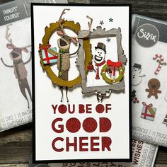 two christmas cards with the words you're of good cheer and an image of reindeers