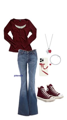 Downtown coquette outfit. Dark red clothes. Hanley top. Fit inspo. Outfit inspiration. Outfit idea. Dark red converse. Tiffany & Co. Dark Red Fall Outfits, Burgundy Converse Outfit Aesthetic, Outfits With Red Shirts For School, Downtown Inspo Outfit, Downtown Clothing Aesthetic, Downtown Stockholm Style, Outfits For Red Shoes, Outfit Ideas With Red Converse, Cherry Converse Outfit