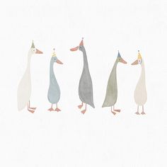 three ducks wearing party hats are standing in a line on a white background with the words happy birthday written below them