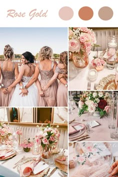 a collage of photos with pink and gold colors