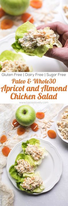 a plate with some food on it and the words gluen free dairy free sugar free palee & whole 30 apricot and almond chicken salad