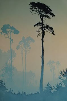 a painting of trees in the foggy forest