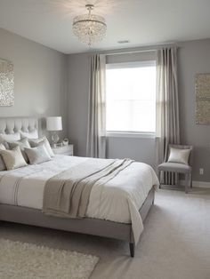 a bedroom with a large bed and white carpet